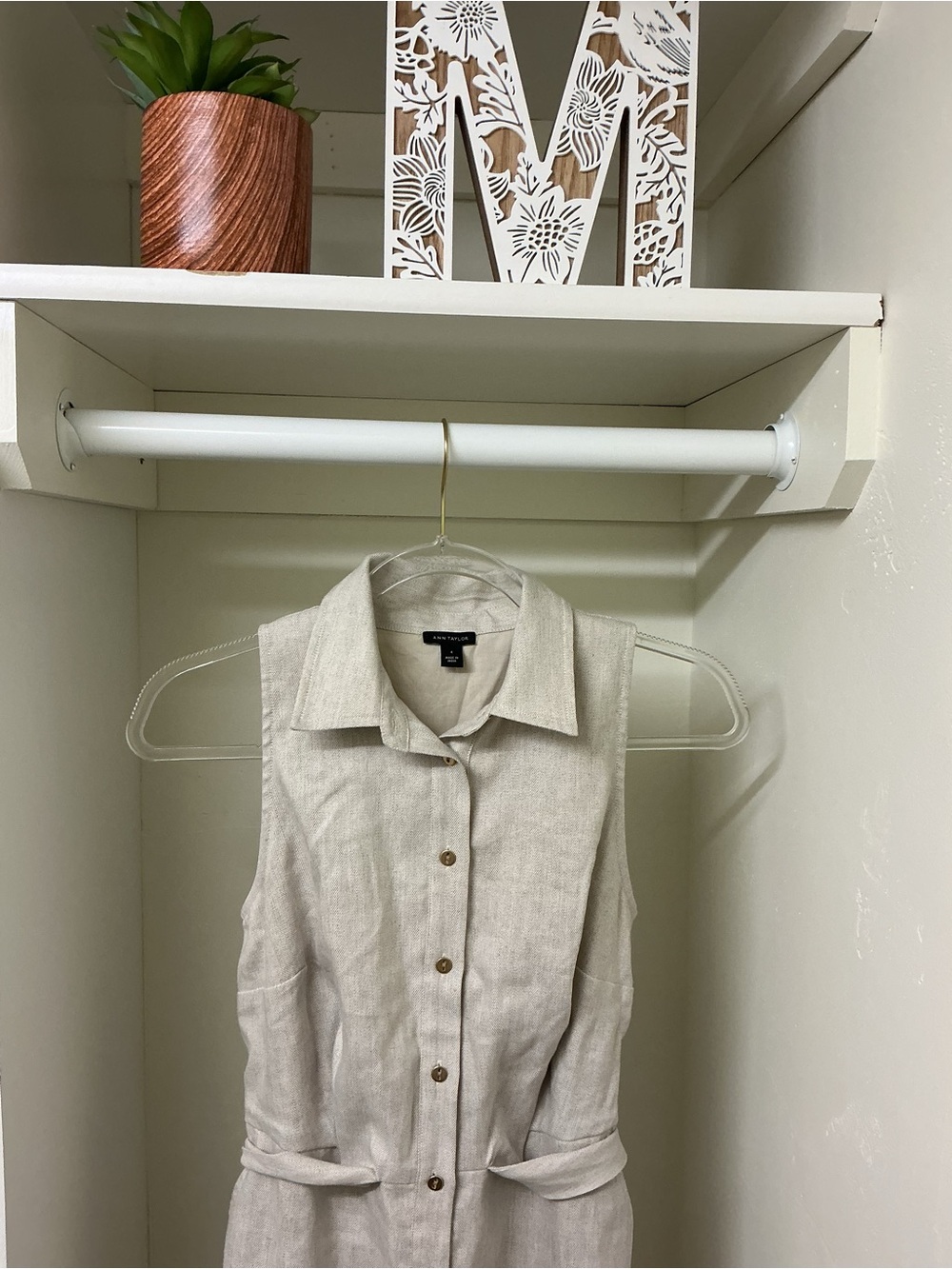 Ann Taylor Neutral Beige Sleeveless Button Front Linen Dress